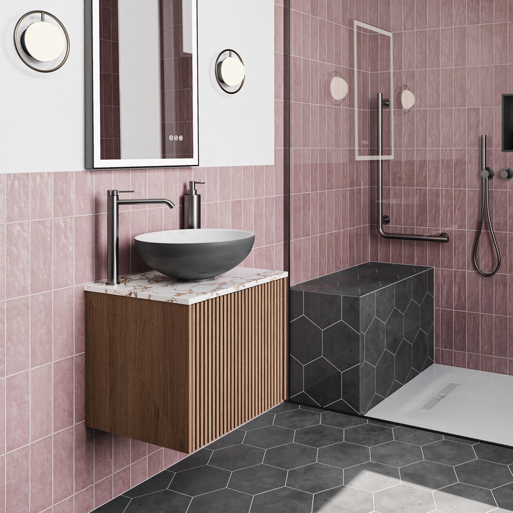 Crosswater Limit Royal Walnut 500mm Wall Hung Vanity Unit & Estatuario Worktop - Lifestyle Image